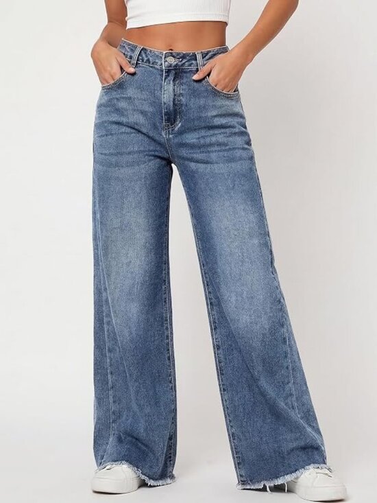 Denim - Trendy Queen Women's Wide Leg Jeans, Relaxed Loose with Raw Hem Pants
